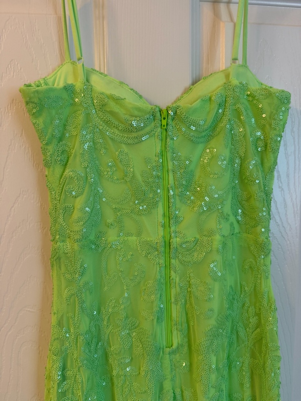 Neon Lime Spaghetti Strap Evening Gown - Picture 5 of 6